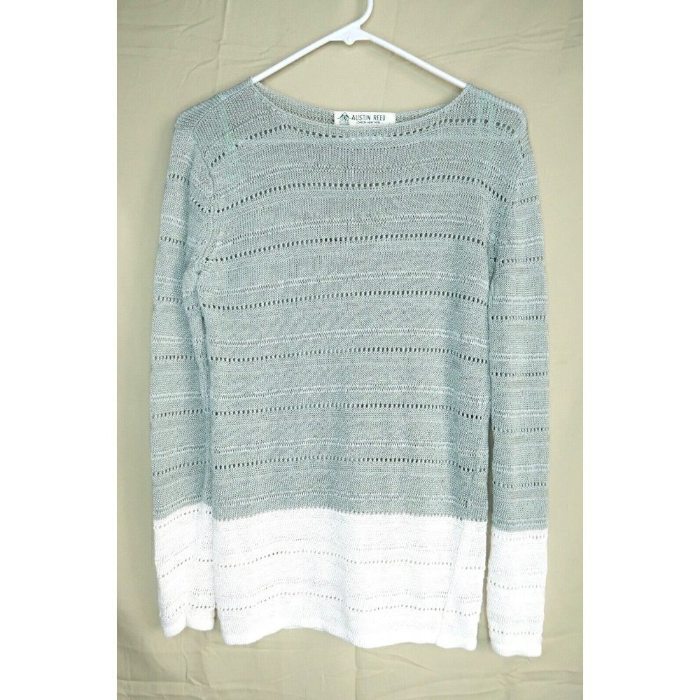 Vintage Austin Reed Gray White Knit Long Sleeves Ramie Rayon Mens Size Medium